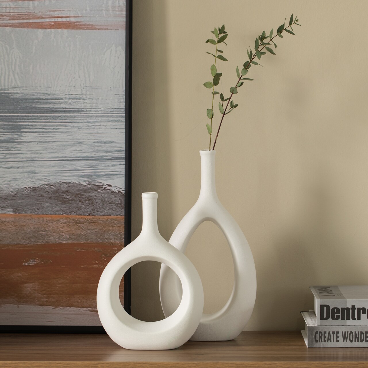 Contemporary White Ceramic Unique Shaped Flower Table Vase Centerpiece